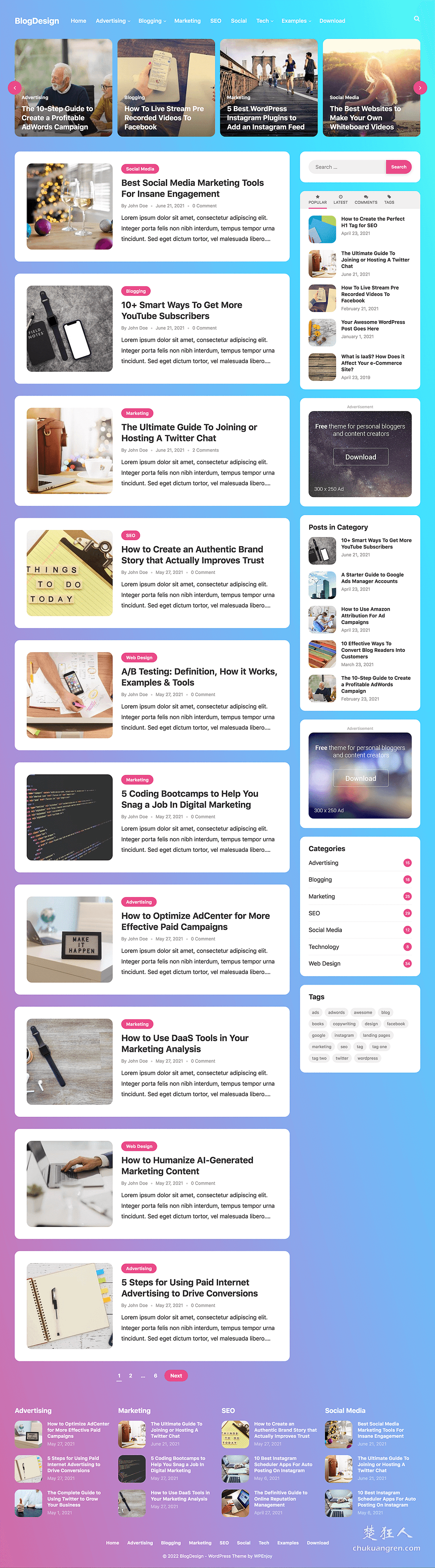 免费wordpress英文主题适合做英文站赚钱的BlogDesign主题- 楚狂人